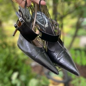 René Caovilla black pointy heels with ankle strap